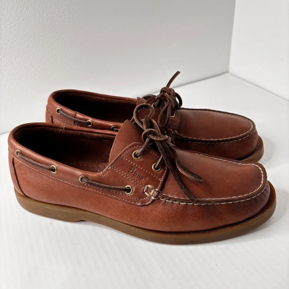 Bass Mens Seafarer Boat Shoe Size 9.5 Moc-Toe Brown Leather Rawhide Lace Preppy